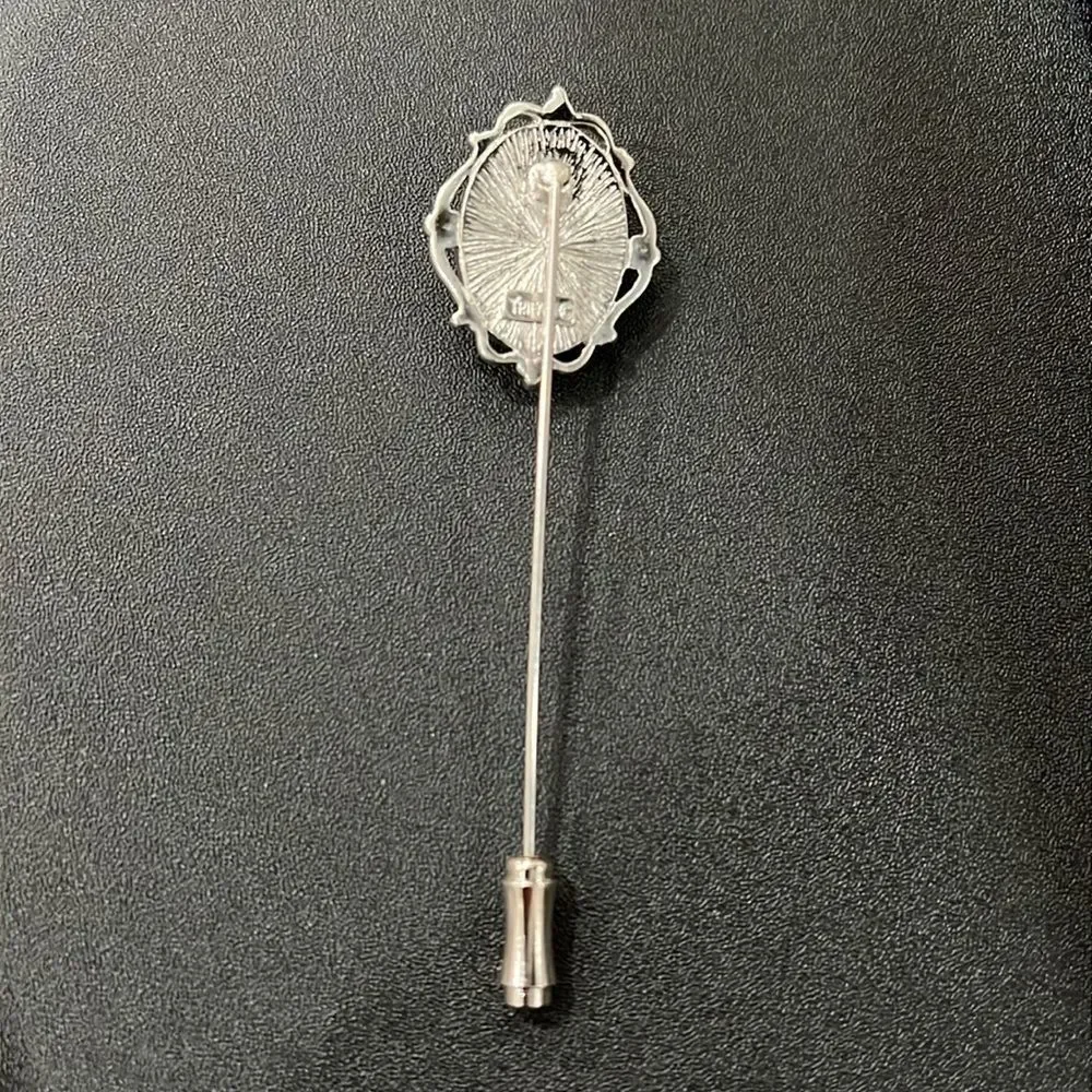 Trifari Vintage Cameo Hat Pin Brooch Stick Pin Silver Tone Blue White 3 Inch - Picture 4 of 10